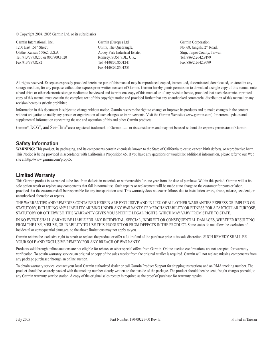 Safety information, Limited warranty | Garmin GSD-20 User Manual | Page 2 / 12