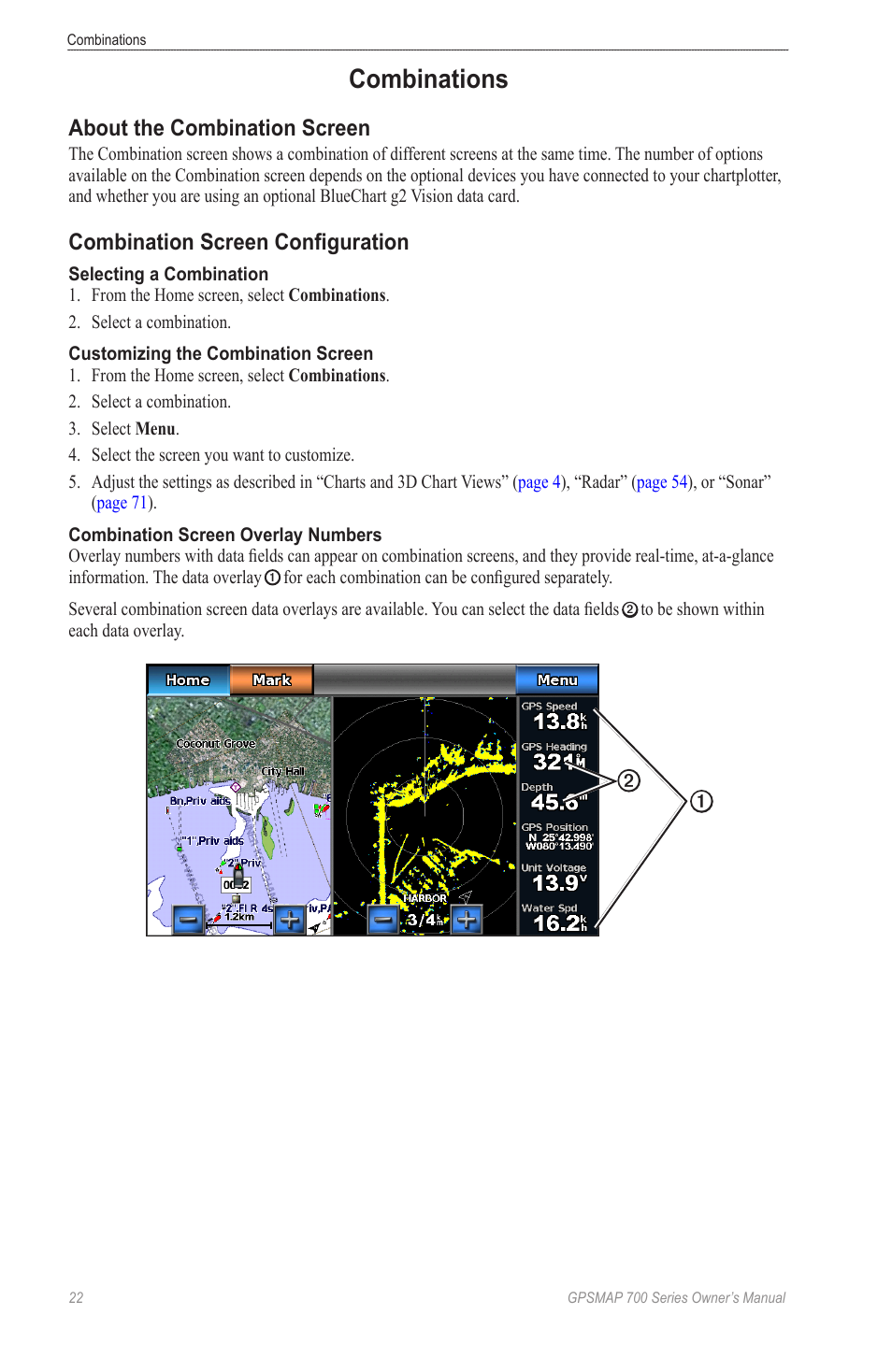 Combinations, About the combination screen, Combination screen configuration | Garmin GPSMAP 740s User Manual | Page 26 / 100