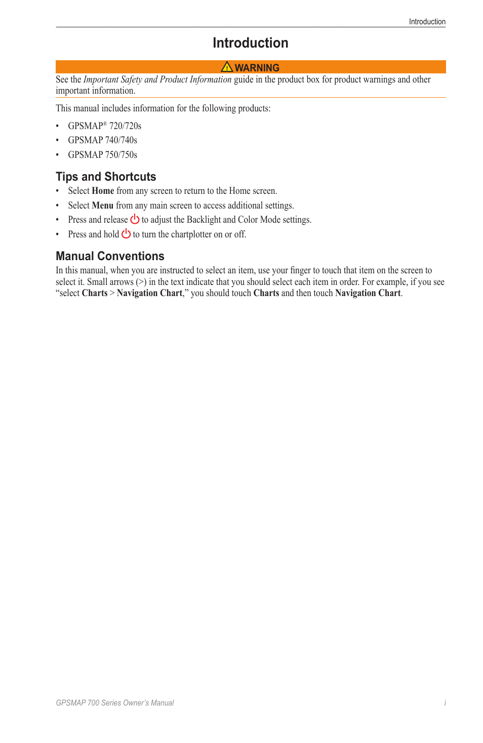 Introduction, Tips and shortcuts, Manual conventions | Garmin GPSMAP 740s User Manual | Page 3 / 100