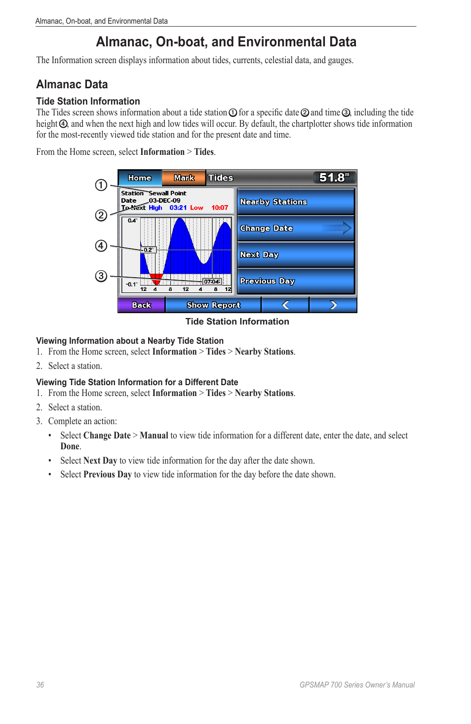 Almanac, on-boat, and environmental data, Almanac data, Almanac, on-boat, and | Environmental data, Other boats, and gauges, Ferent days | Garmin GPSMAP 740s User Manual | Page 40 / 100