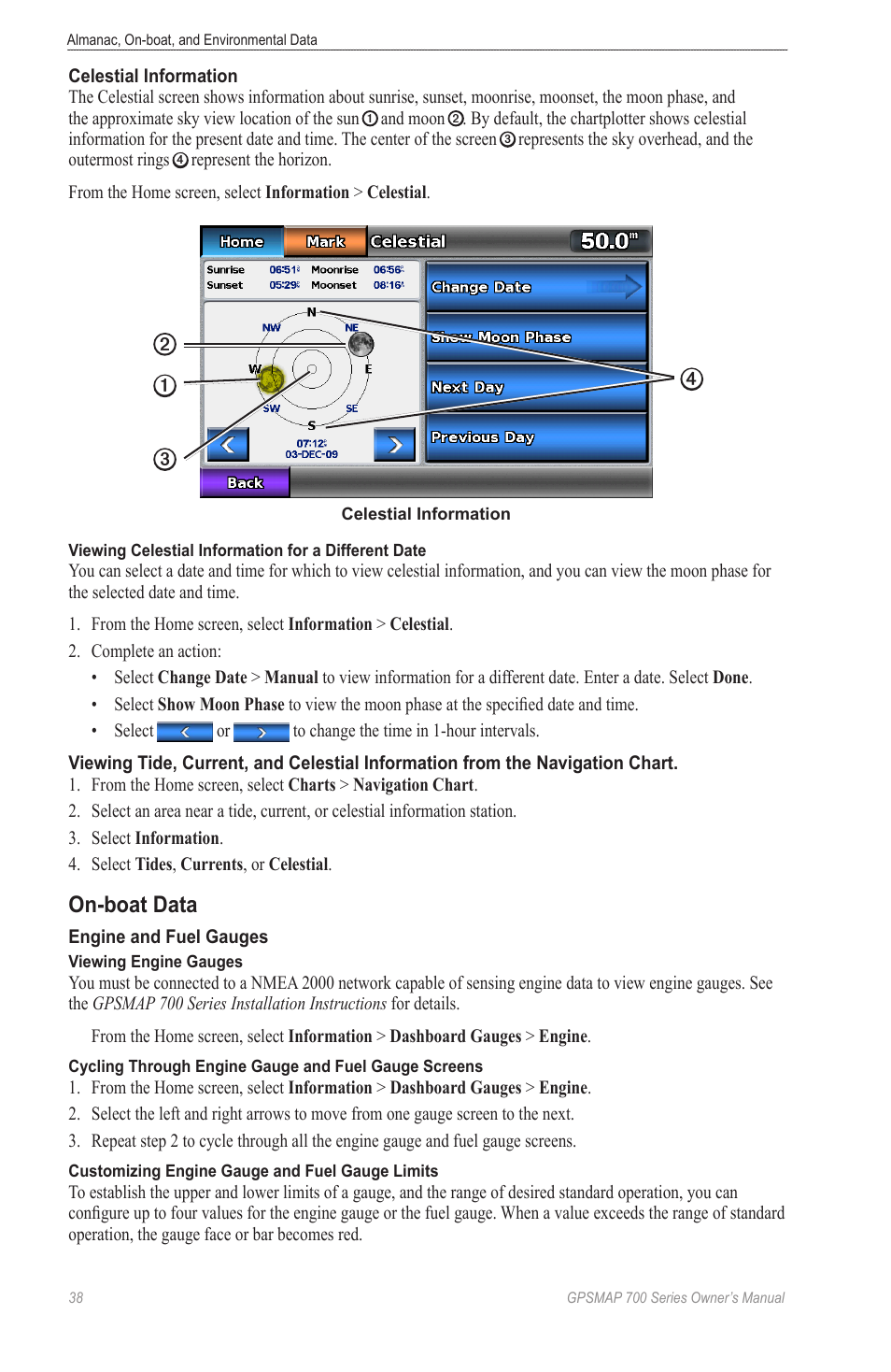 On-boat data, Celestial, Chart notes, or local | Garmin GPSMAP 740s User Manual | Page 42 / 100