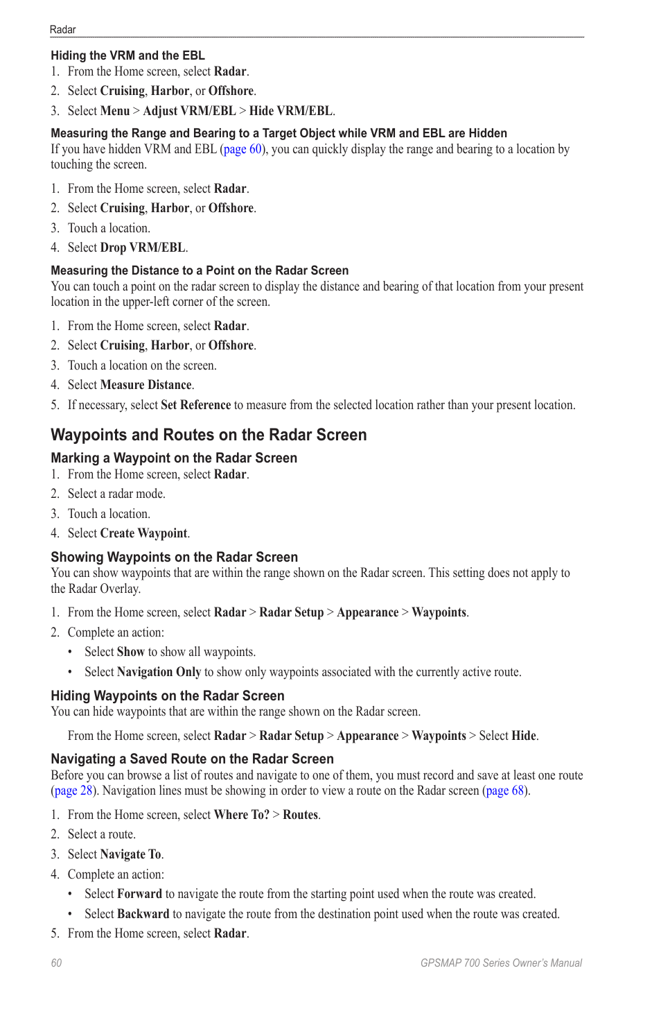 Waypoints and routes on the radar screen | Garmin GPSMAP 740s User Manual | Page 64 / 100