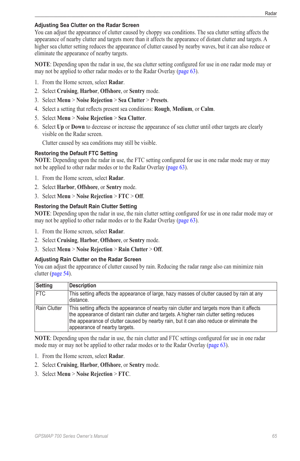 Rain clutter setting, Adjust the sea clutter setting manually, Adjust the rain clutter and ftc settings manually | Garmin GPSMAP 740s User Manual | Page 69 / 100