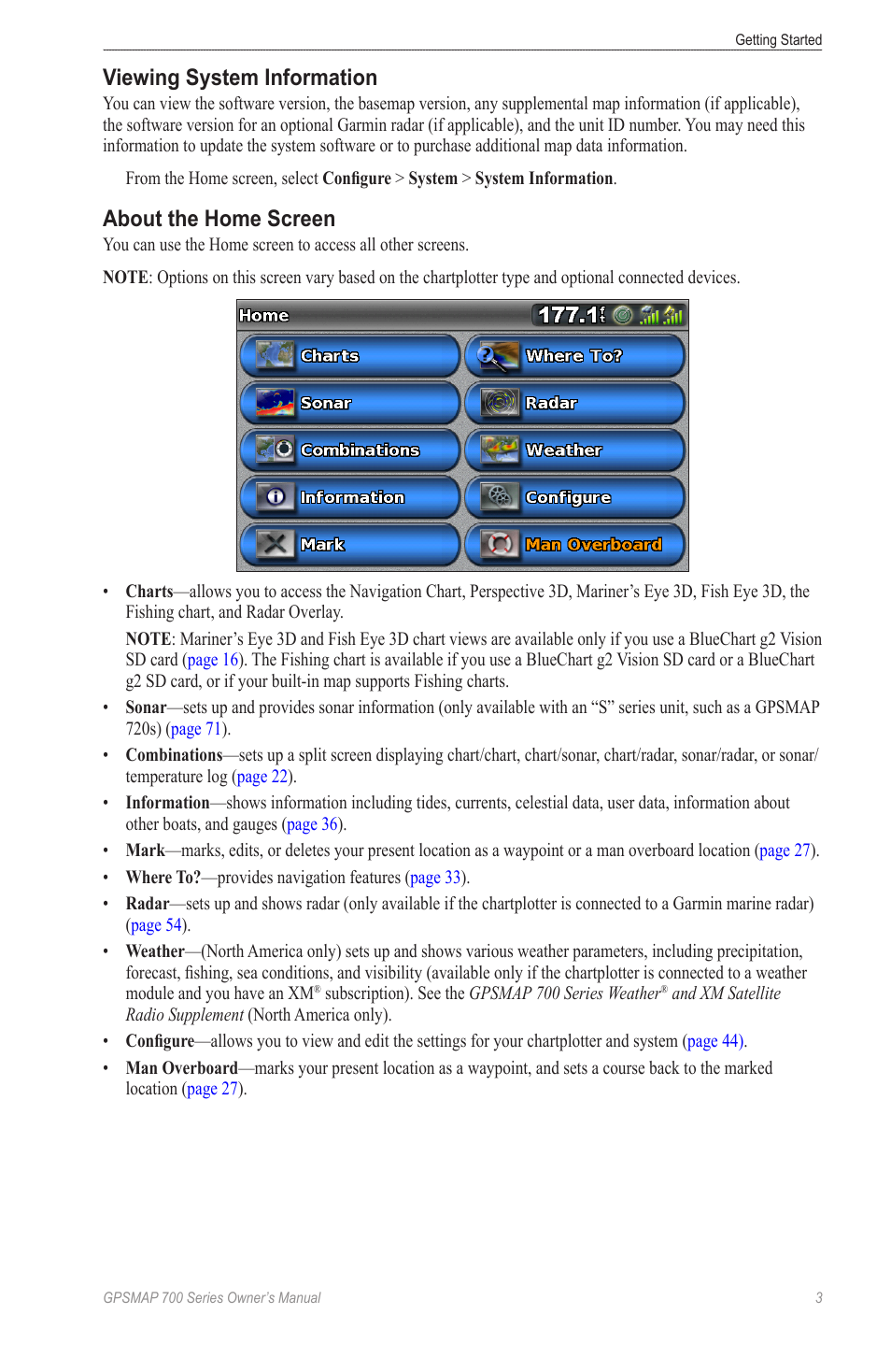 Viewing system information, About the home screen | Garmin GPSMAP 740s User Manual | Page 7 / 100