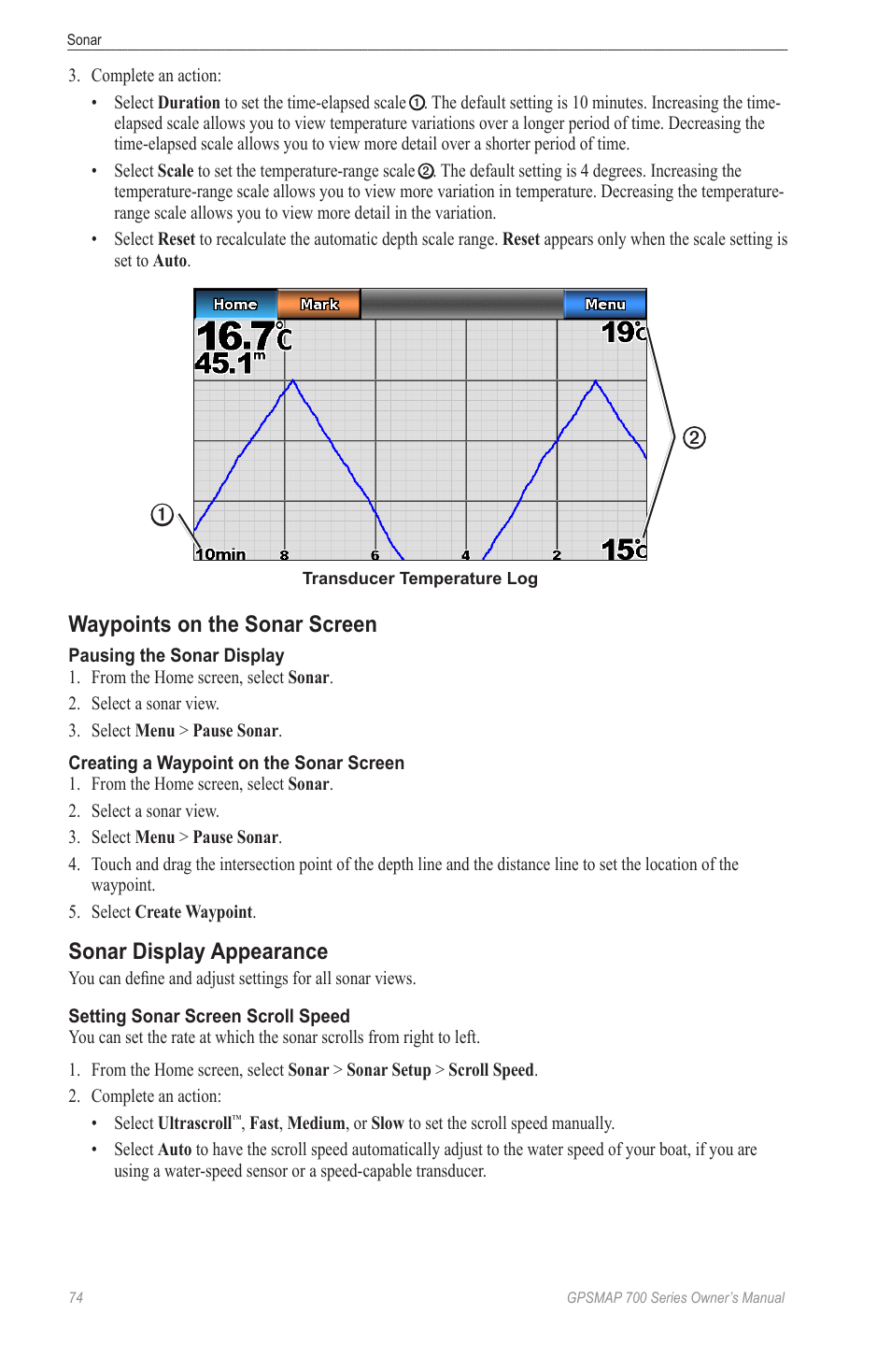 Waypoints on the sonar screen, Sonar display appearance | Garmin GPSMAP 740s User Manual | Page 78 / 100