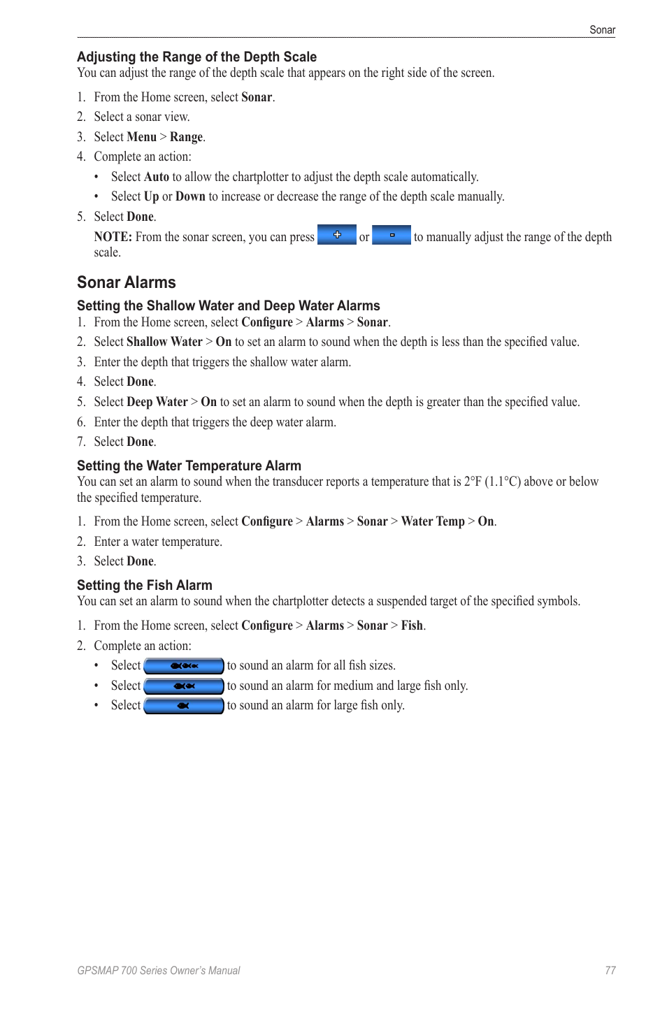 Sonar alarms, Alarms | Garmin GPSMAP 740s User Manual | Page 81 / 100