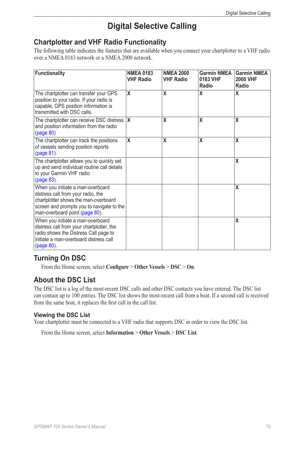 Digital selective calling, Chartplotter and vhf radio functionality, Turning on dsc | About the dsc list | Garmin GPSMAP 740s User Manual | Page 83 / 100