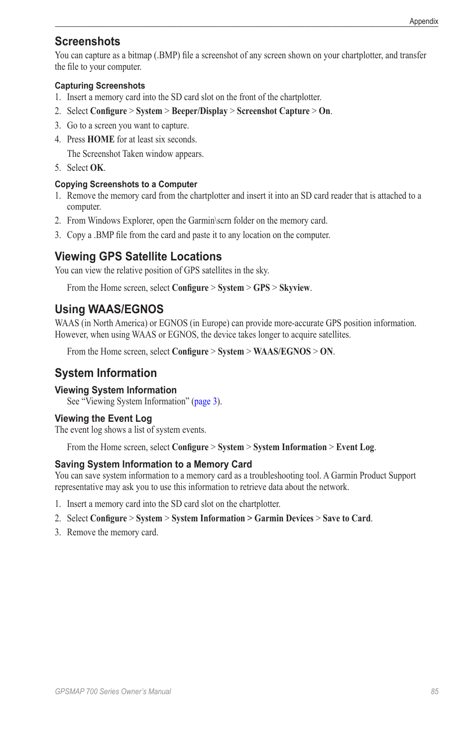 Screenshots, Viewing gps satellite locations, Using waas/egnos | System information | Garmin GPSMAP 740s User Manual | Page 89 / 100