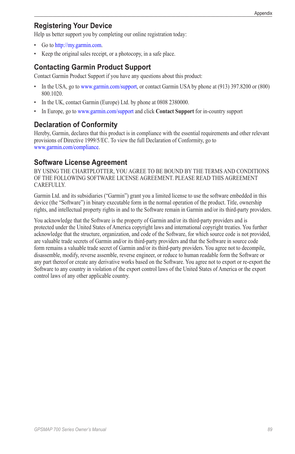Registering your device, Contacting garmin product support, Declaration of conformity | Software license agreement | Garmin GPSMAP 740s User Manual | Page 93 / 100