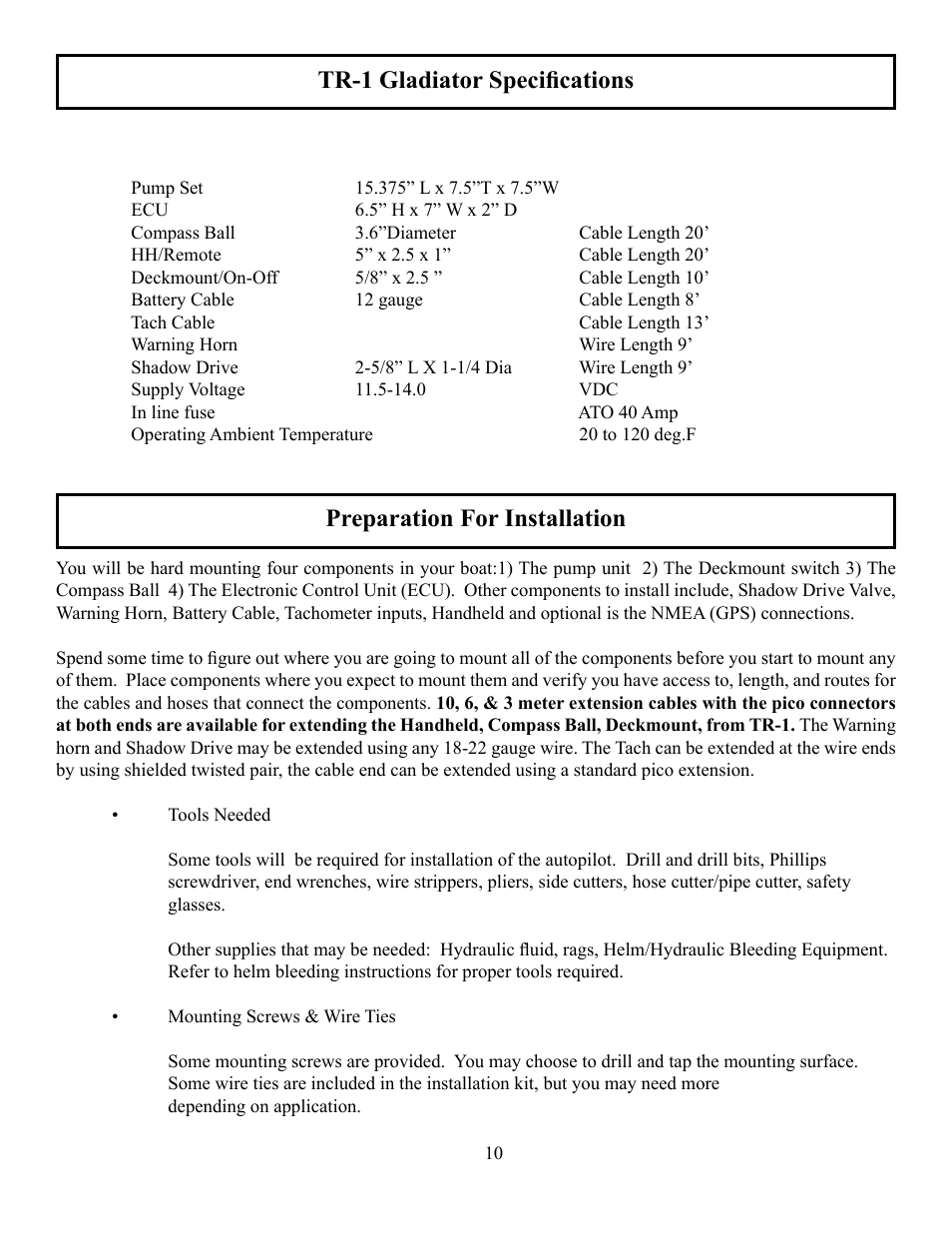 Tr-1 gladiator specifications, Preparation for installation | Garmin AUTOPILOT TR-1 User Manual | Page 10 / 48