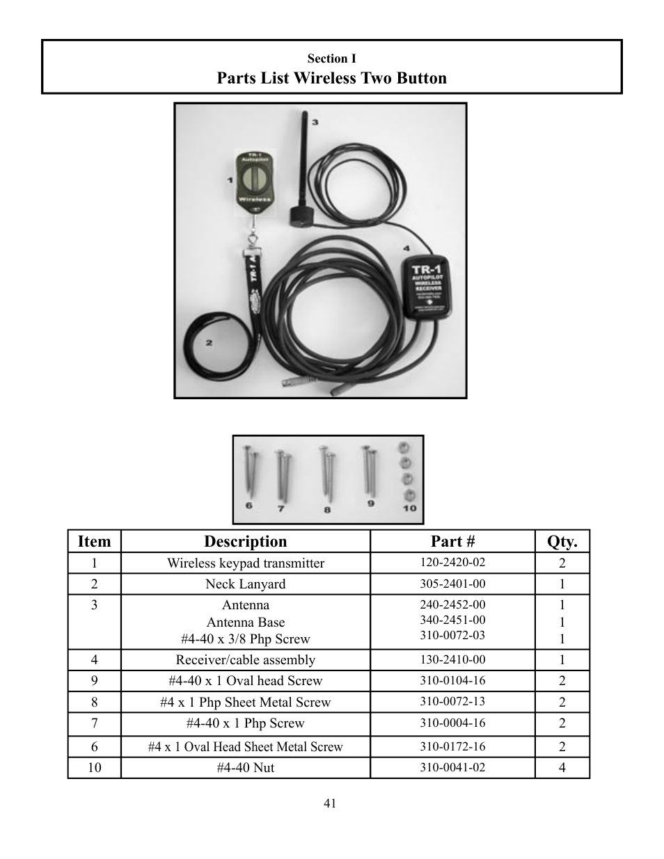Item description part # qty, Parts list wireless two button | Garmin AUTOPILOT TR-1 User Manual | Page 41 / 48