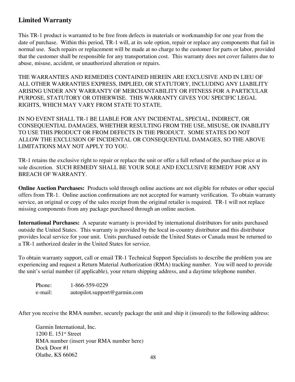 Garmin AUTOPILOT TR-1 User Manual | Page 48 / 48