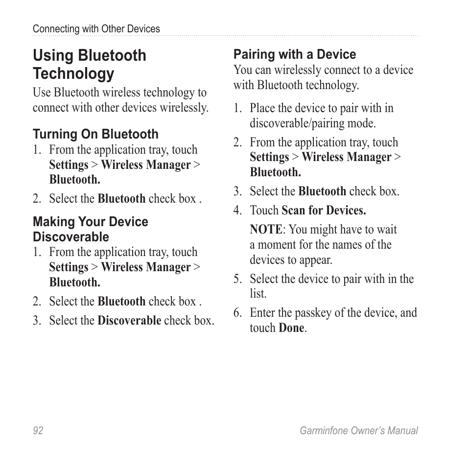 Using bluetooth technology | Garmin Cell Phone User Manual | Page 100 / 134