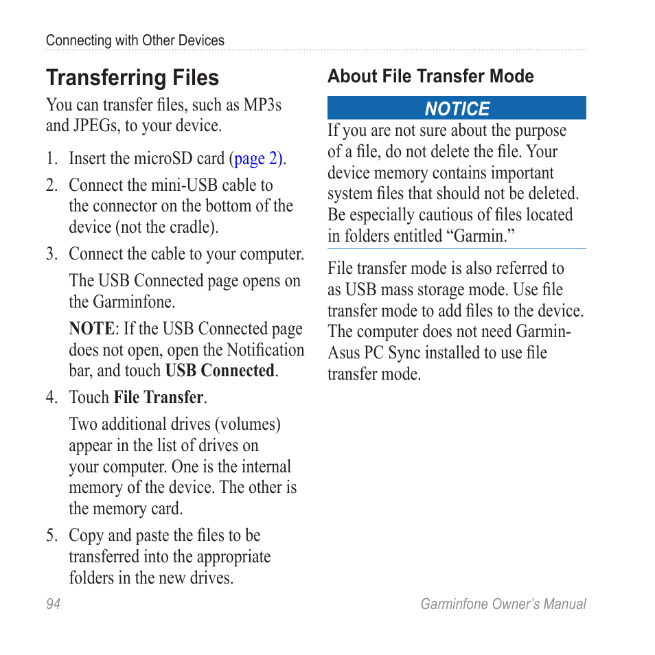 Transferring files | Garmin Cell Phone User Manual | Page 102 / 134