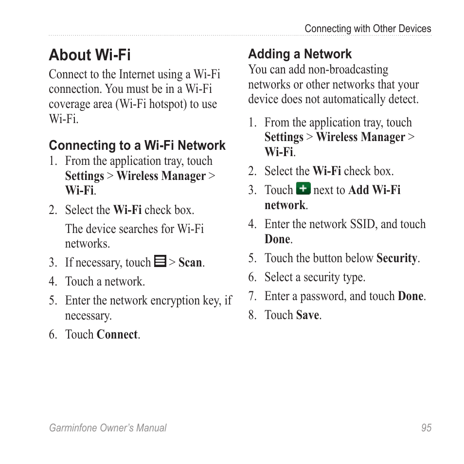 About wi-fi | Garmin Cell Phone User Manual | Page 103 / 134