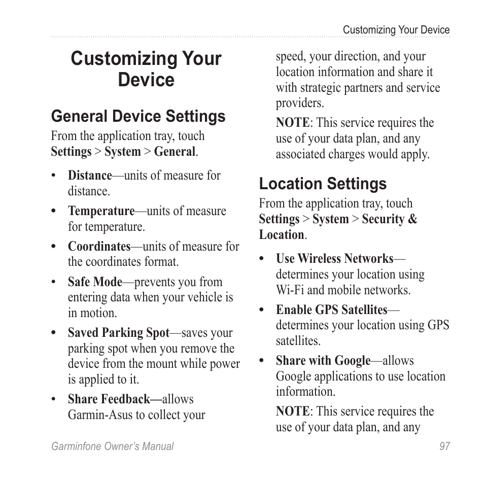 Customizing your device, General device settings, Location settings | Garmin Cell Phone User Manual | Page 105 / 134