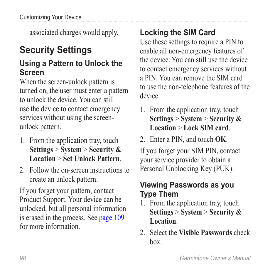 Security settings | Garmin Cell Phone User Manual | Page 106 / 134