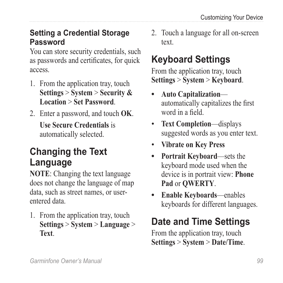 Changing the text language, Keyboard settings, Date and time settings | Garmin Cell Phone User Manual | Page 107 / 134