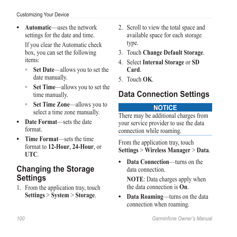 Changing the storage settings, Data connection settings | Garmin Cell Phone User Manual | Page 108 / 134