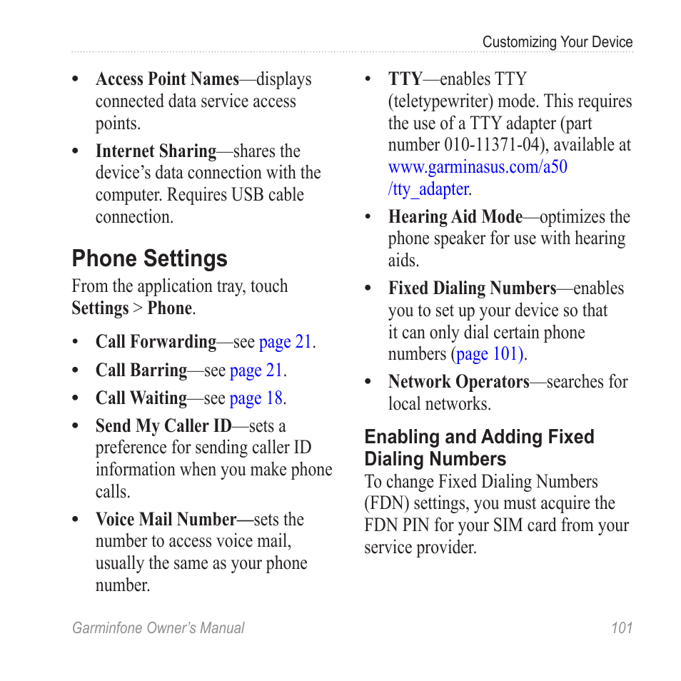 Phone settings | Garmin Cell Phone User Manual | Page 109 / 134