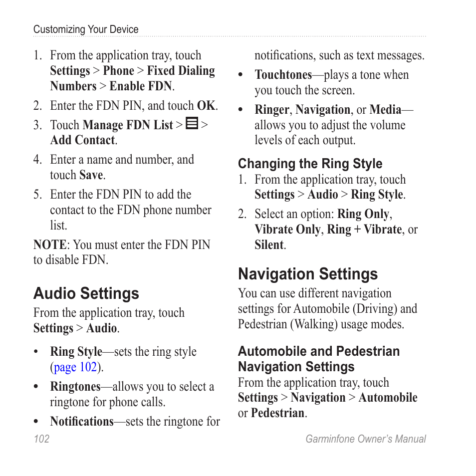 Audio settings, Navigation settings | Garmin Cell Phone User Manual | Page 110 / 134