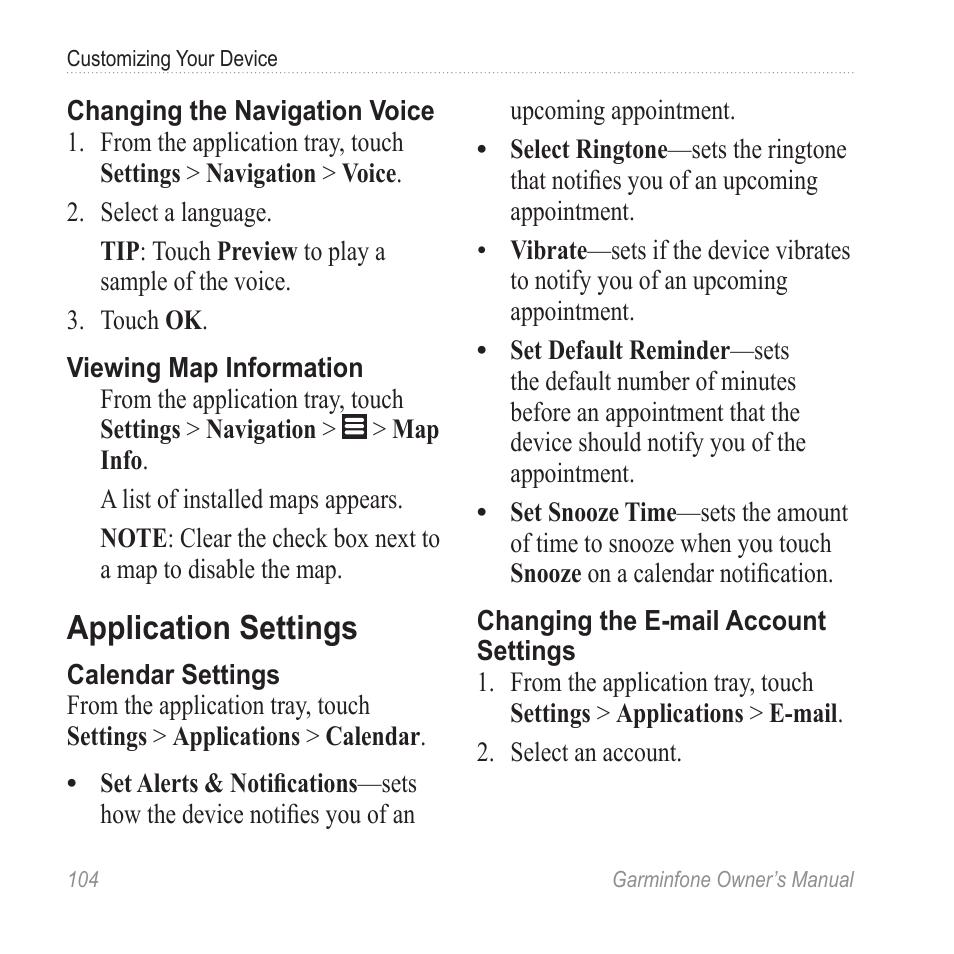 Application settings | Garmin Cell Phone User Manual | Page 112 / 134