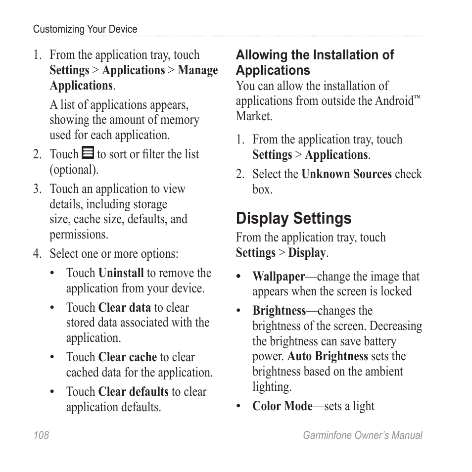 Display settings | Garmin Cell Phone User Manual | Page 116 / 134