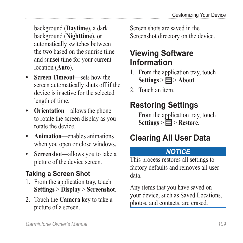 Viewing software information, Restoring settings, Clearing all user data | Garmin Cell Phone User Manual | Page 117 / 134