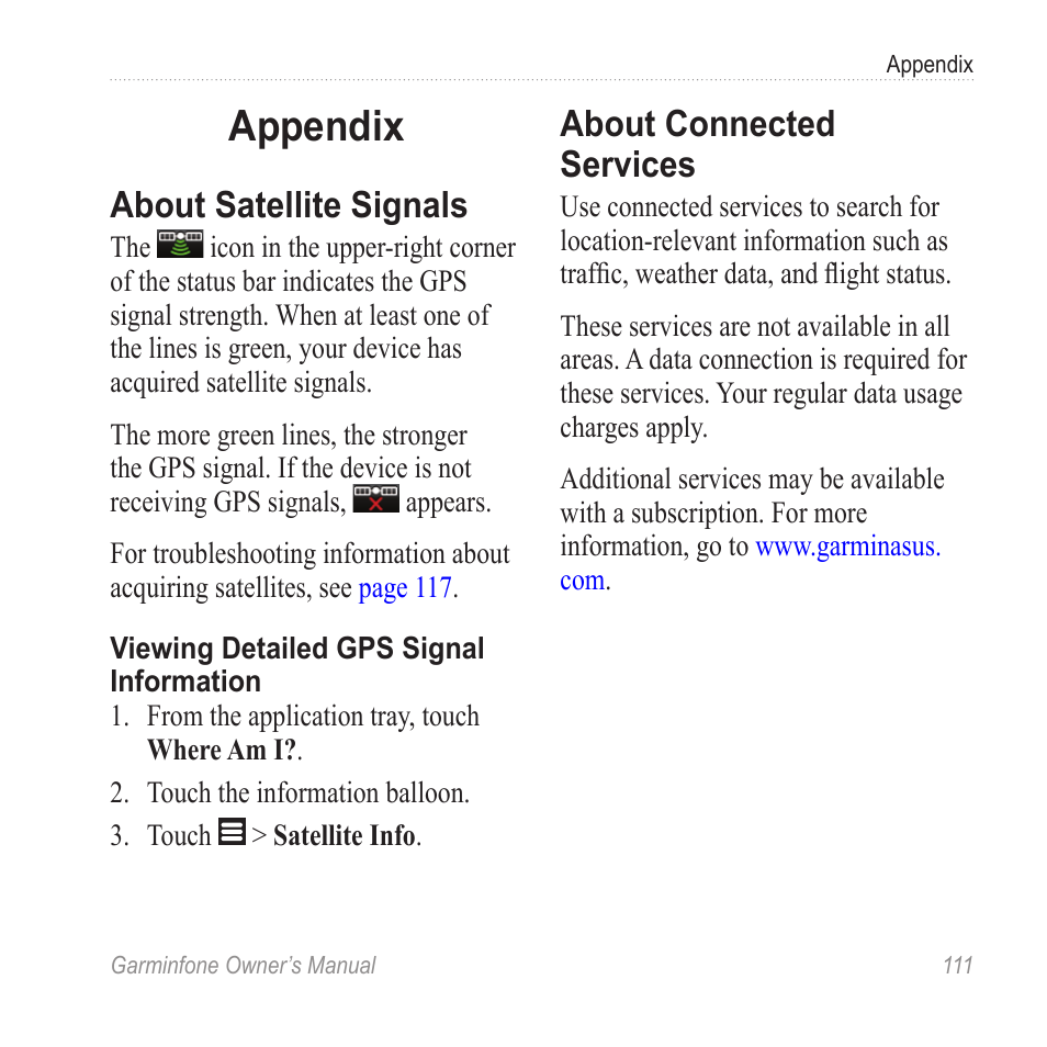 Appendix, About satellite signals, About connected services | Garmin Cell Phone User Manual | Page 119 / 134