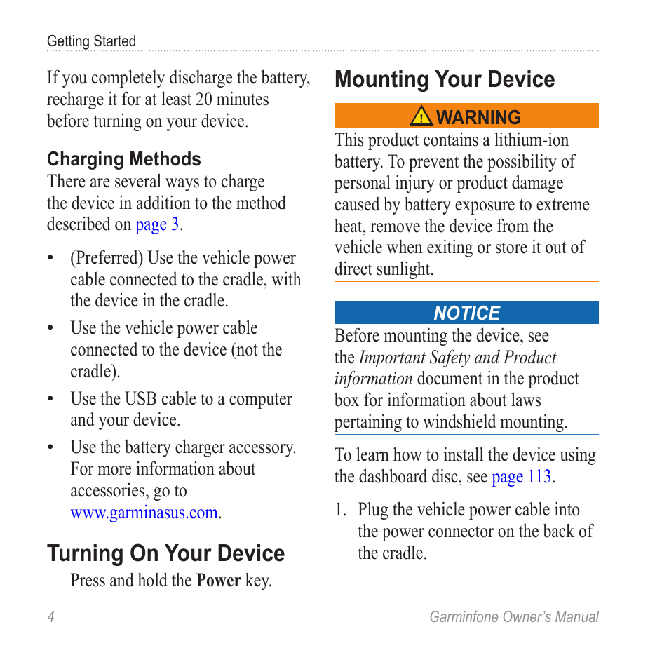 Turning on your device, Mounting your device | Garmin Cell Phone User Manual | Page 12 / 134