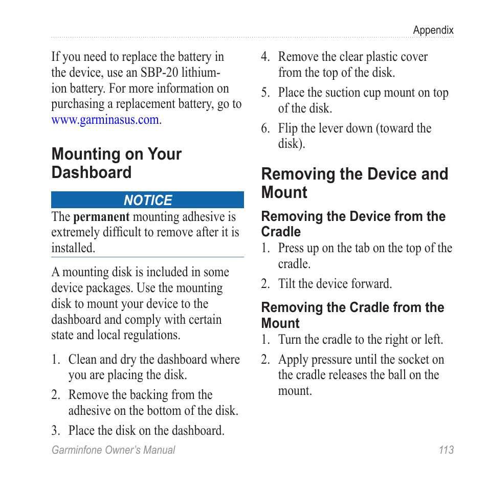 Mounting on your dashboard, Removing the device and mount, Removing the device and | Mount | Garmin Cell Phone User Manual | Page 121 / 134