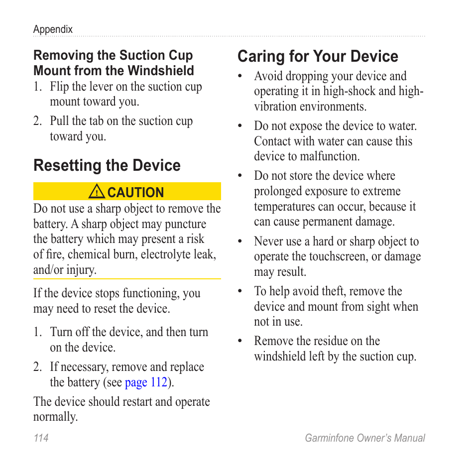 Resetting the device, Caring for your device | Garmin Cell Phone User Manual | Page 122 / 134