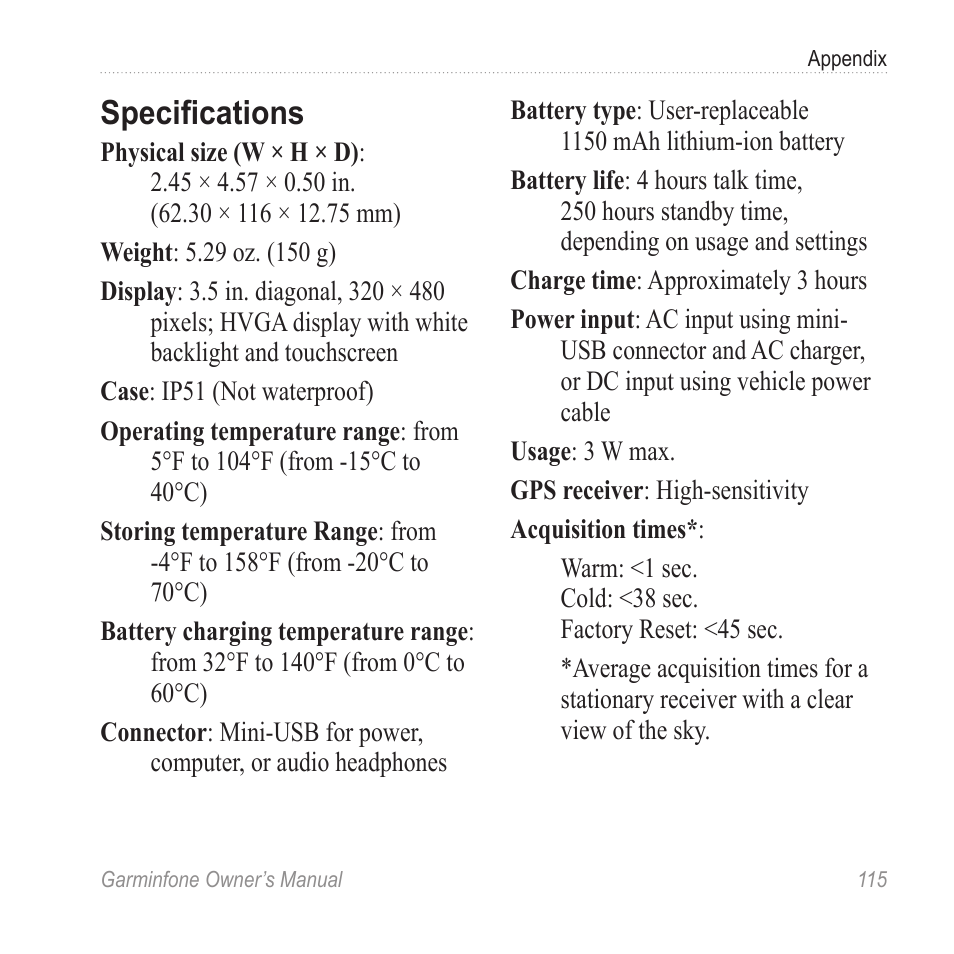 Specifications | Garmin Cell Phone User Manual | Page 123 / 134