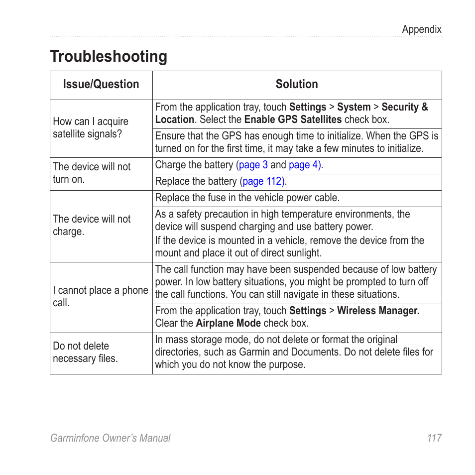 Troubleshooting | Garmin Cell Phone User Manual | Page 125 / 134