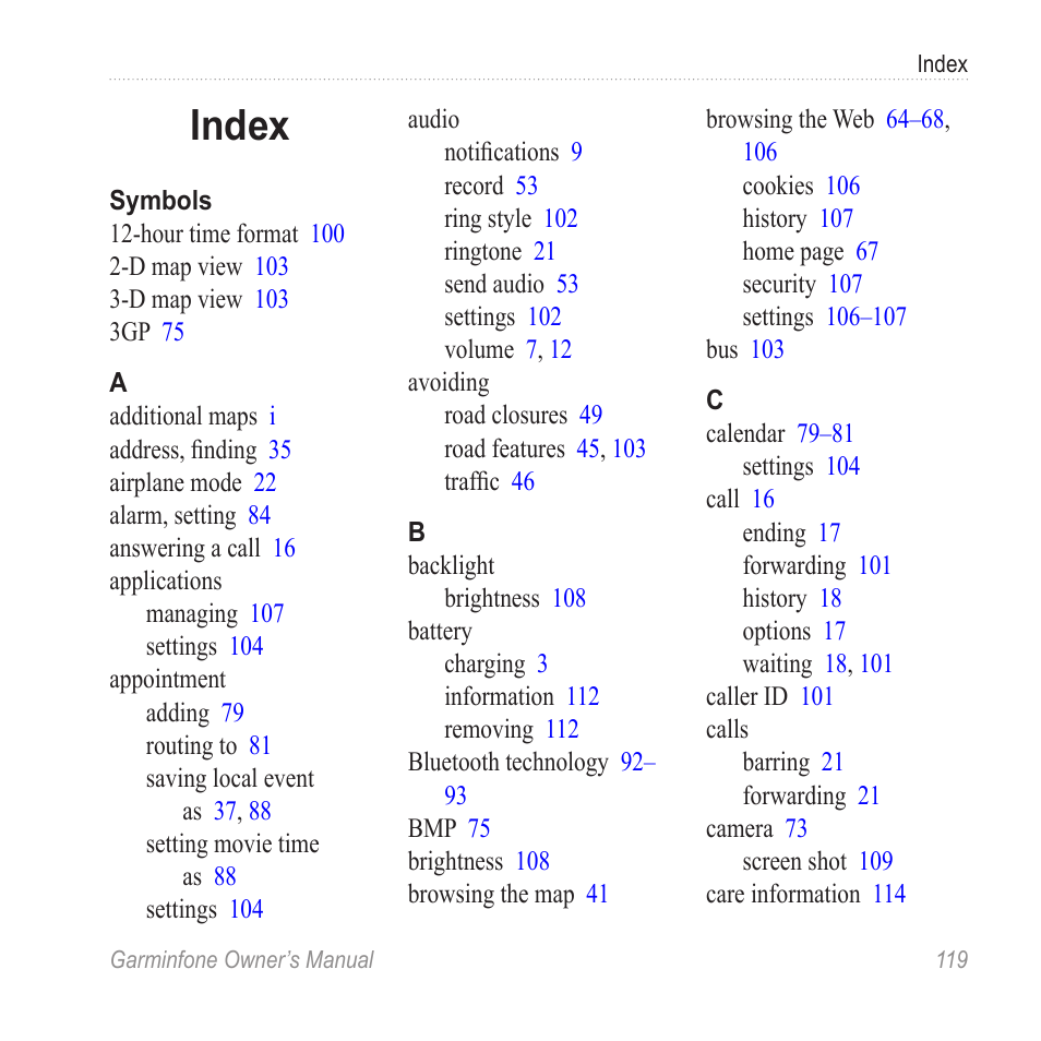 Index | Garmin Cell Phone User Manual | Page 127 / 134