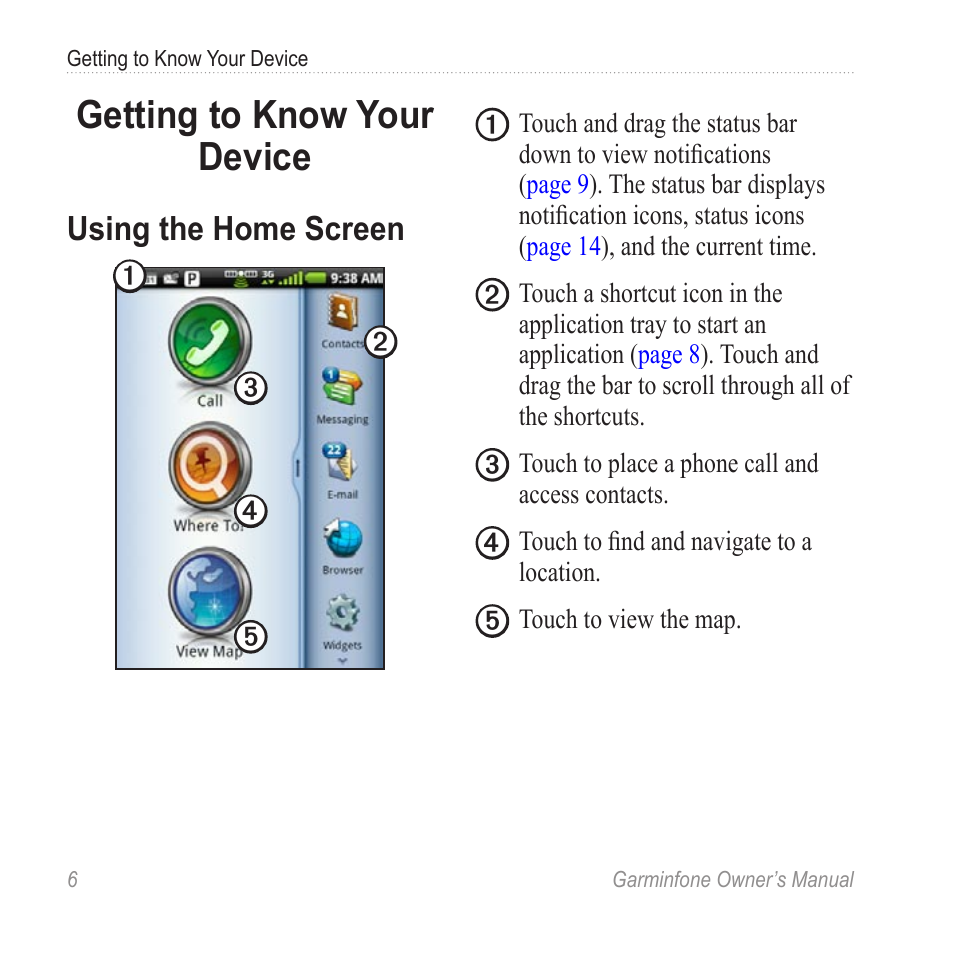 Getting to know your device, Using the home screen | Garmin Cell Phone User Manual | Page 14 / 134