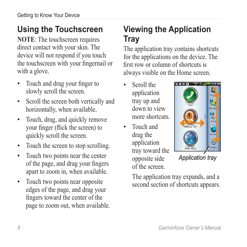 Using the touchscreen, Viewing the application tray, Application | Garmin Cell Phone User Manual | Page 16 / 134