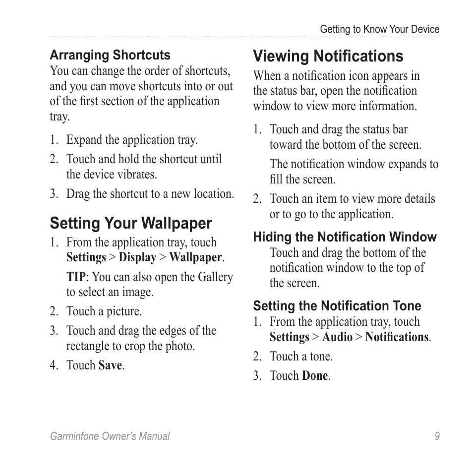 Setting your wallpaper, Viewing notifications | Garmin Cell Phone User Manual | Page 17 / 134