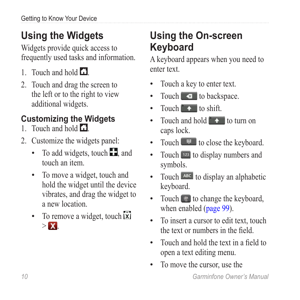 Using the widgets, Using the on-screen keyboard | Garmin Cell Phone User Manual | Page 18 / 134