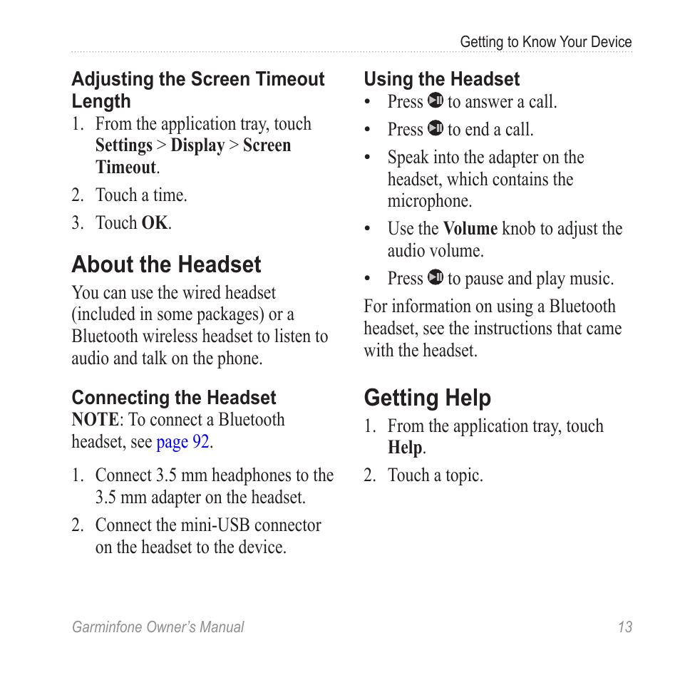 About the headset, Getting help | Garmin Cell Phone User Manual | Page 21 / 134
