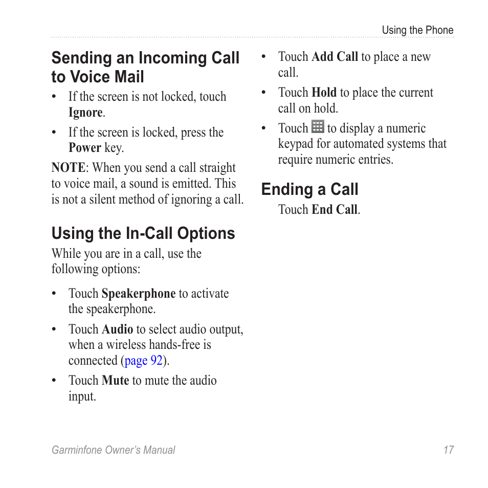 Sending an incoming call to voice mail, Using the in-call options, Ending a call | Sending an incoming call to voice, Mail | Garmin Cell Phone User Manual | Page 25 / 134