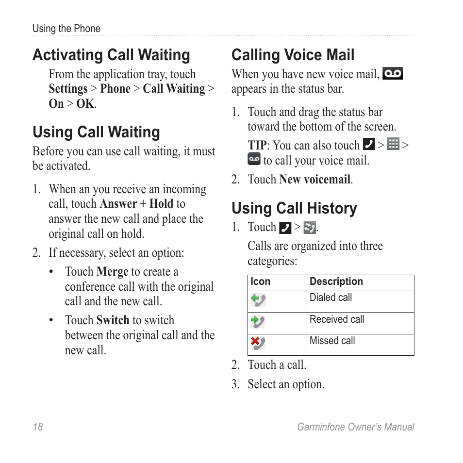 Activating call waiting, Using call waiting, Calling voice mail | Using call history | Garmin Cell Phone User Manual | Page 26 / 134