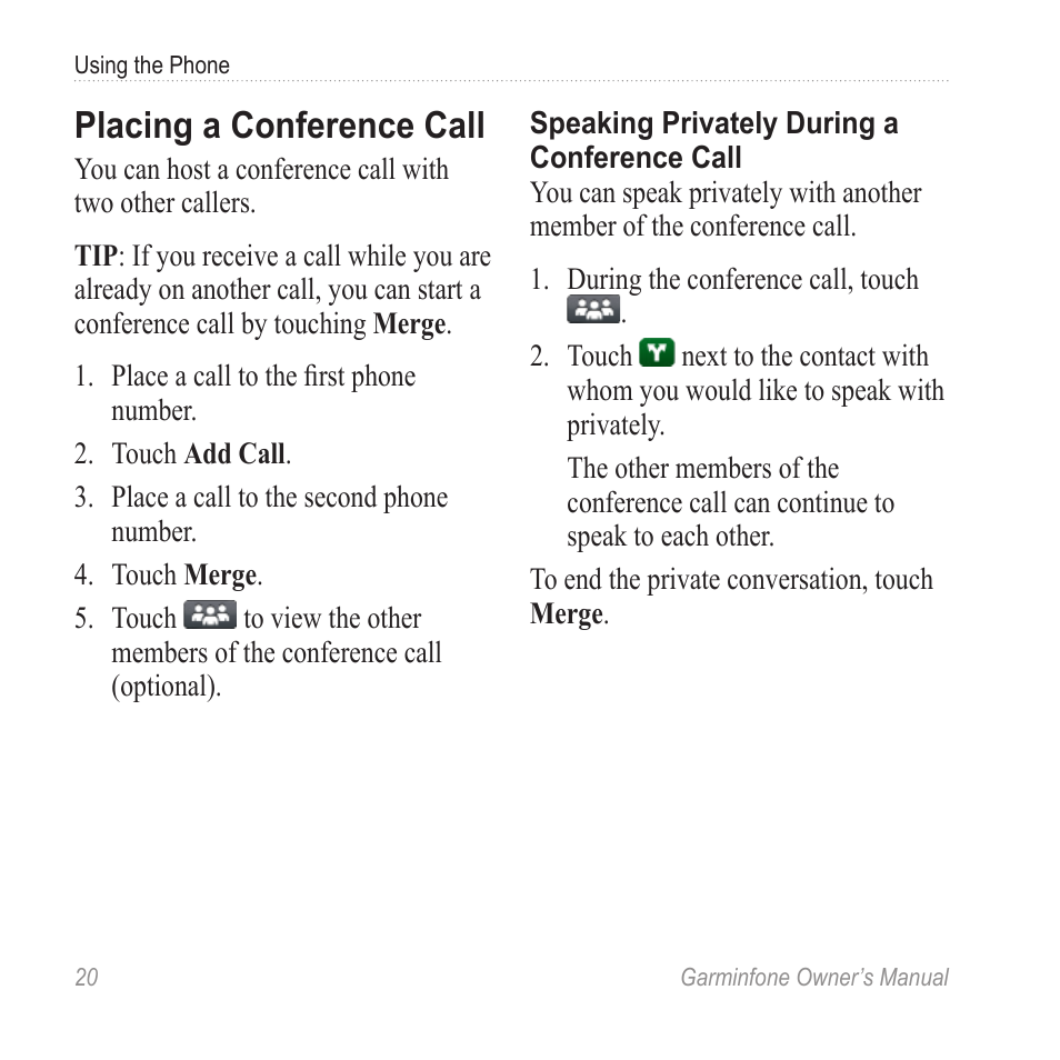 Placing a conference call | Garmin Cell Phone User Manual | Page 28 / 134