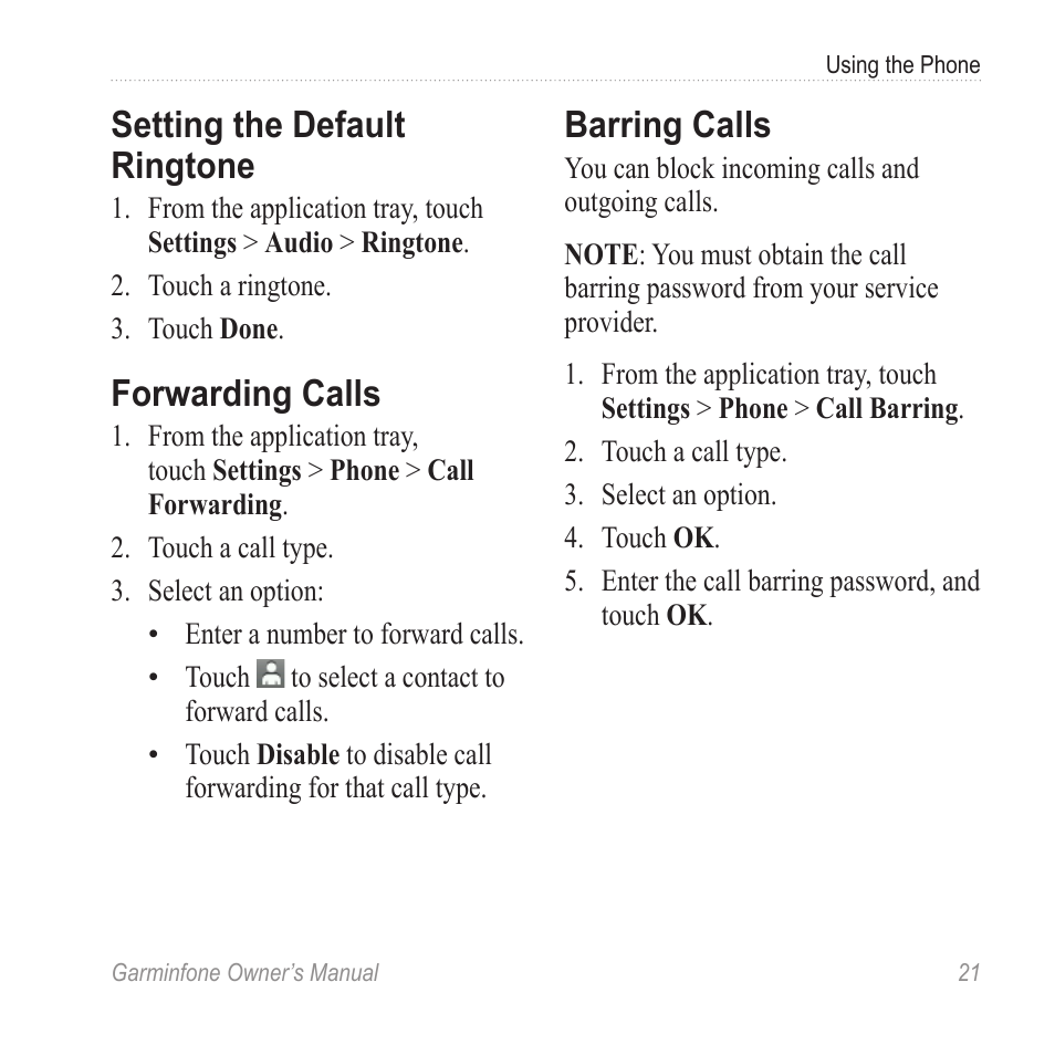 Setting the default ringtone, Forwarding calls, Barring calls | Garmin Cell Phone User Manual | Page 29 / 134