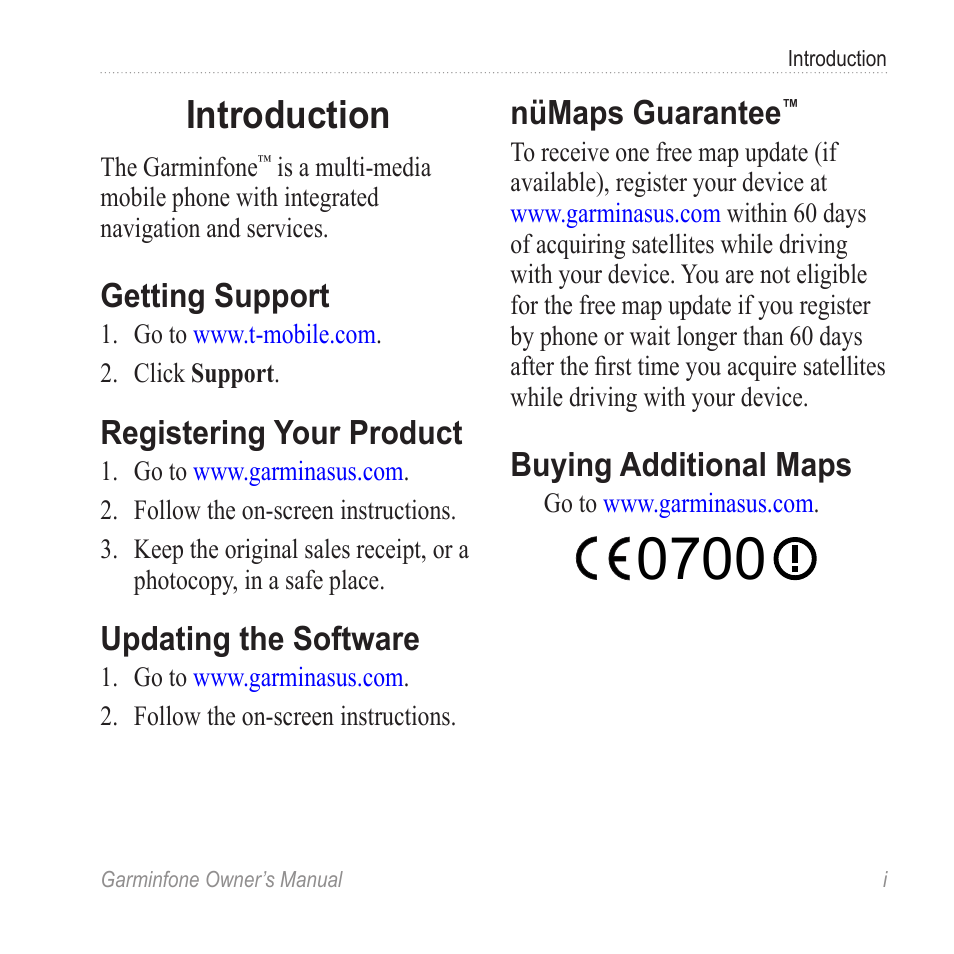 Introduction, Getting support, Registering your product | Updating the software, Nümaps guarantee, Buying additional maps | Garmin Cell Phone User Manual | Page 3 / 134