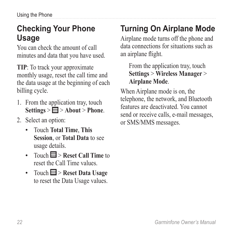 Checking your phone usage, Turning on airplane mode | Garmin Cell Phone User Manual | Page 30 / 134