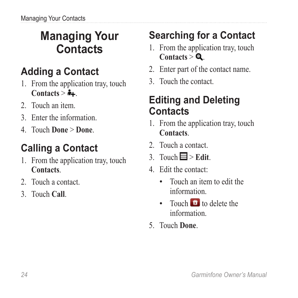 Managing your contacts, Adding a contact, Calling a contact | Searching for a contact, Editing and deleting contacts | Garmin Cell Phone User Manual | Page 32 / 134