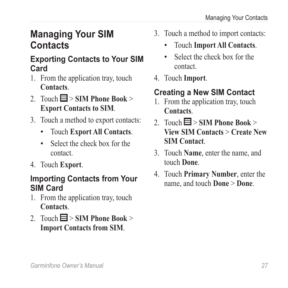 Managing your sim contacts | Garmin Cell Phone User Manual | Page 35 / 134