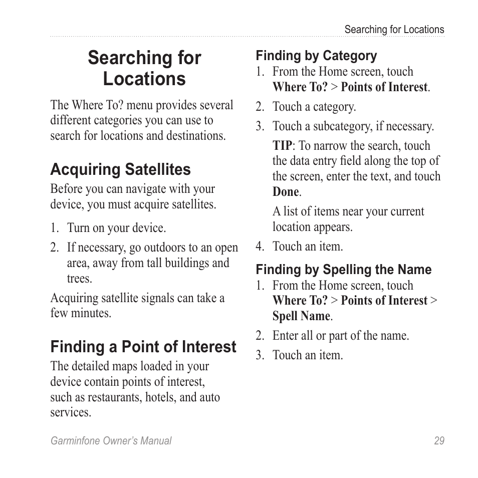 Searching for locations, Acquiring satellites, Finding a point of interest | Search for a location (see | Garmin Cell Phone User Manual | Page 37 / 134