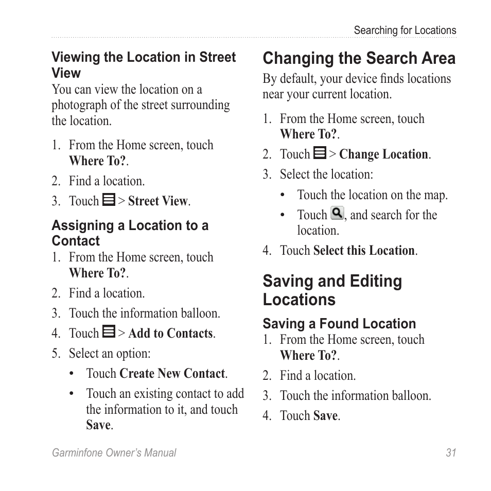 Changing the search area, Saving and editing locations | Garmin Cell Phone User Manual | Page 39 / 134